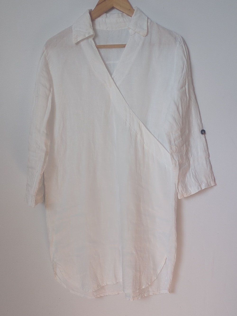 Women's White 100% Linen Long-Sleeve Wrap Tunic Dress